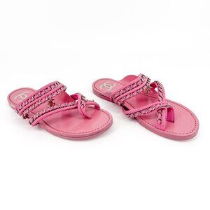 Chanel Toe Ring Chain Sandals Size 37 US 6-6.5 Pink Leather Flat Mule CC Slide